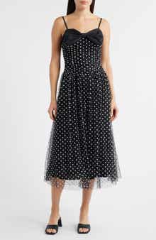 MOON RIVER Bow Polka Dot Mesh Fit & Flare Midi Dress