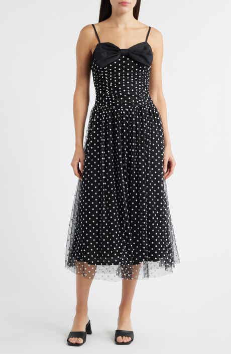 MOON RIVER Bow Polka Dot Mesh Fit & Flare Midi Dress