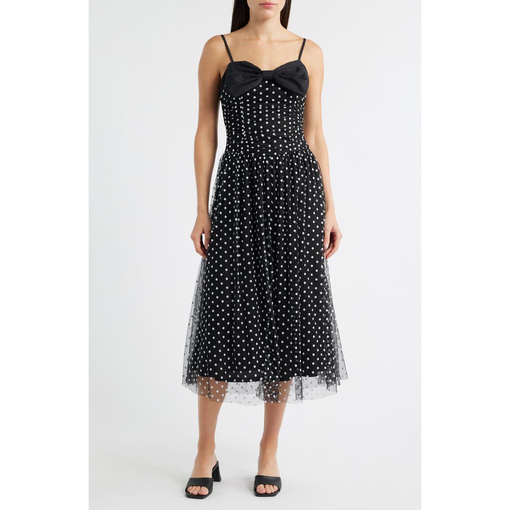 Moon River Bow Polka Dot Mesh Fit & Flare Midi Dress In Black