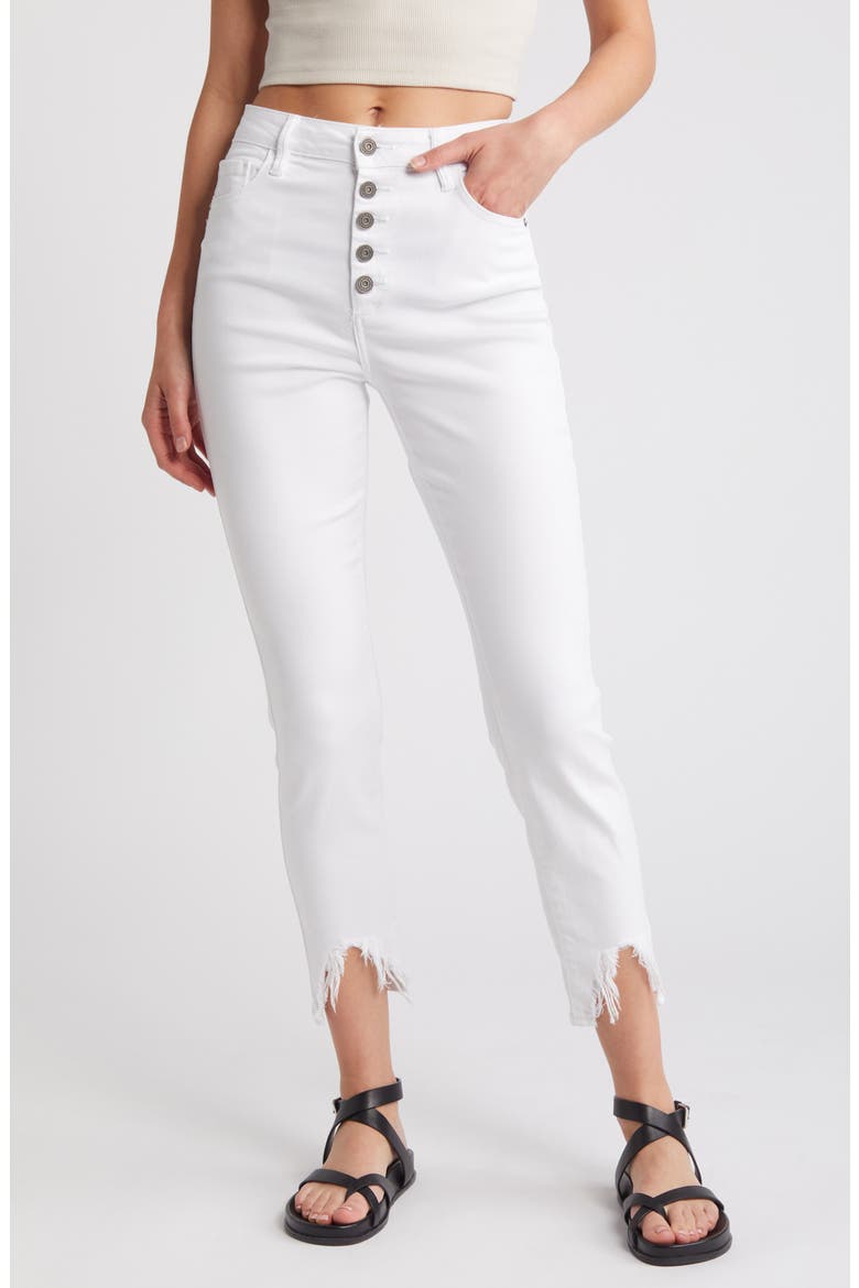 Exposed Button High Waist Fray Hem Skinny Jeans, Main, color, WHITE