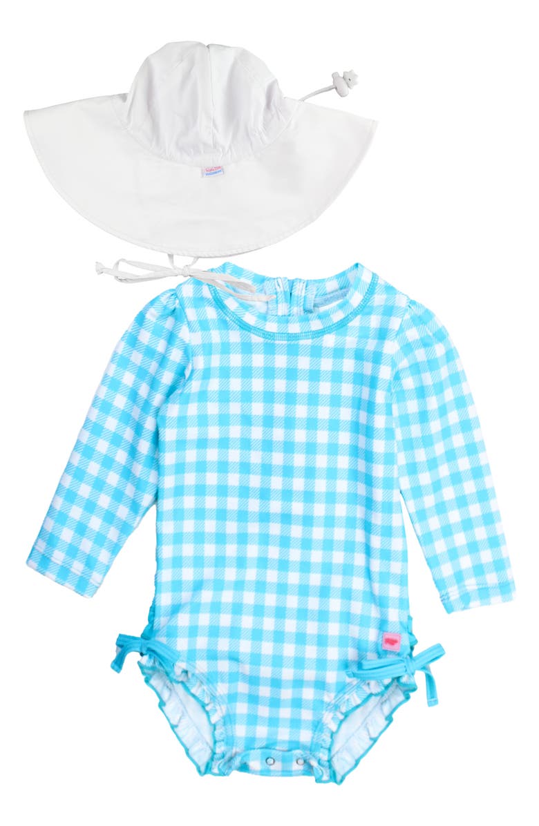 RuffleButts Bright Aqua Gingham Long Sleeve One-Piece Rashguard Swimsuit & Hat Set, Main, color, 
