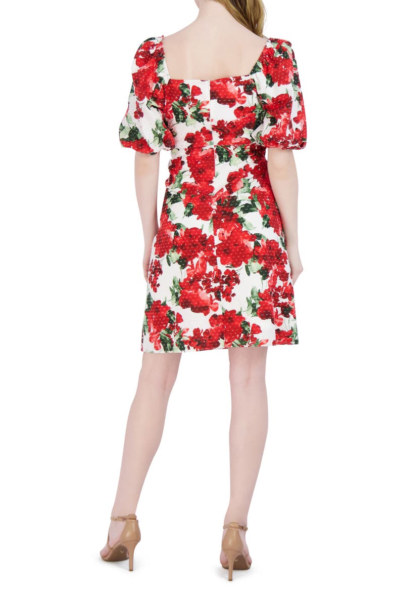 Floral Puff Sleeve Fit & Flare Dress, Alternate, color, IVORY/RED