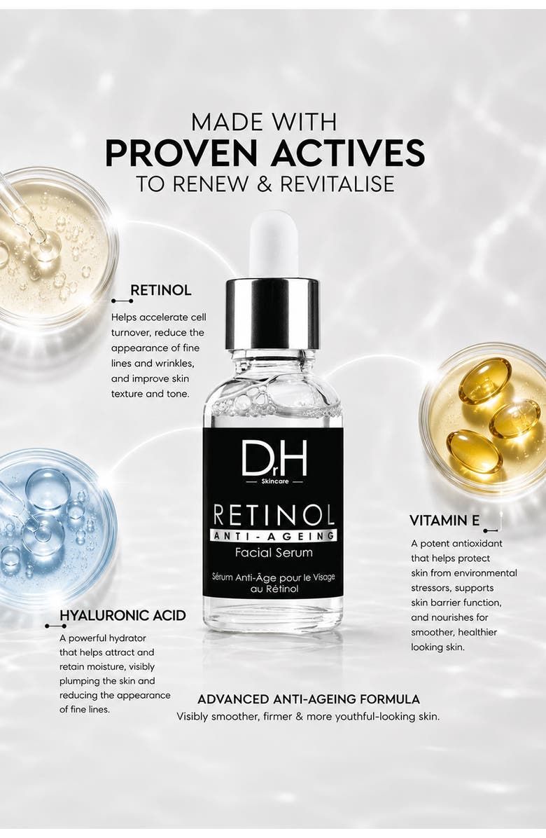 Dr H Anti-Ageing Retinol Facial Serum 30ml for Fine Lines & Wrinkles, Loss of Firmness, Main, color, White