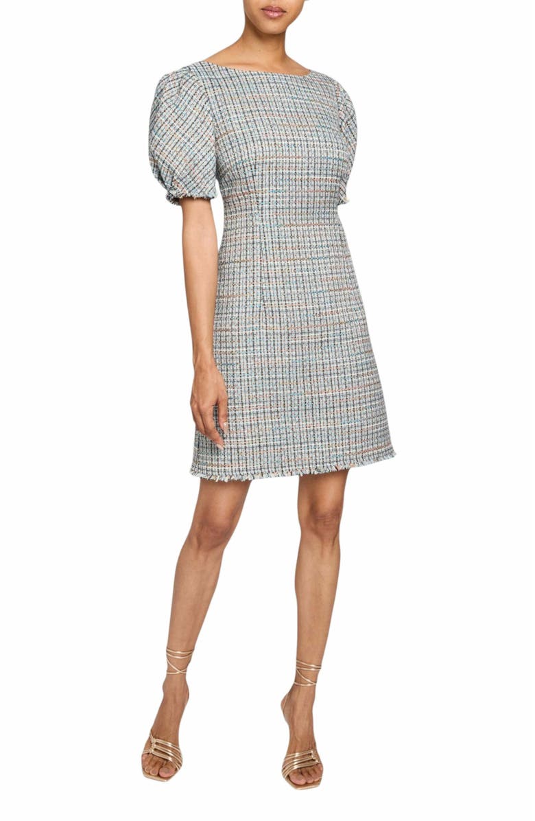 Santorelli VIOLET A-Line Shift Dress with Puff Sleeves in Luxury Tweed with Lurex, Main, color, Ocean Mist