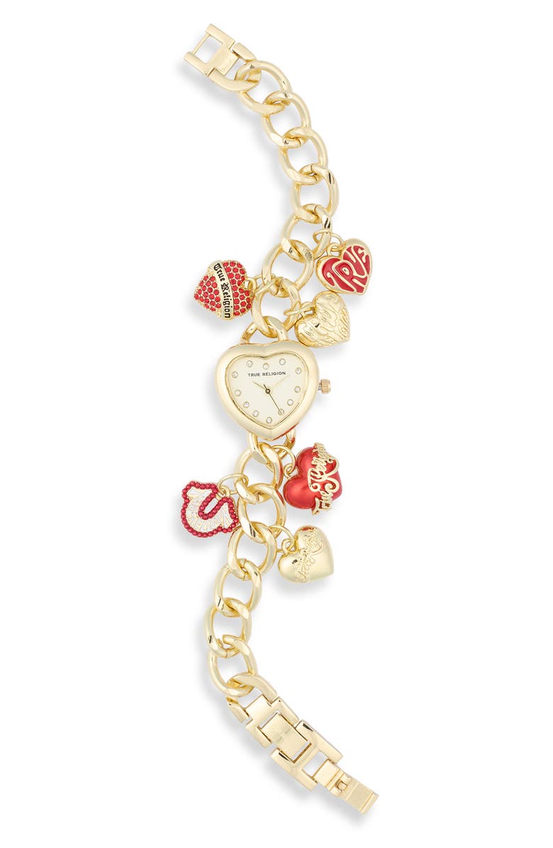 True Religion Heart Charm Bracelet Watch, 25.5mm, Main, color, Gold