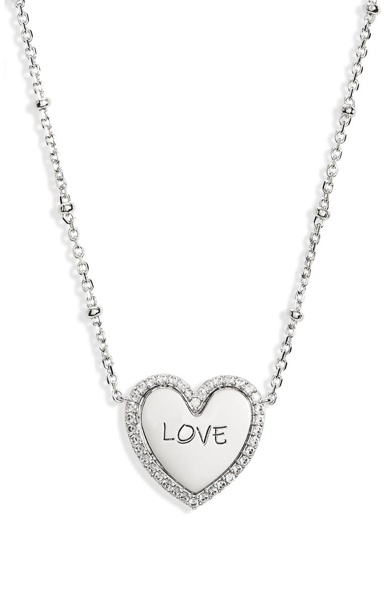 Love Engraved Heart Pendant Necklace, Main, color, RHODIUM