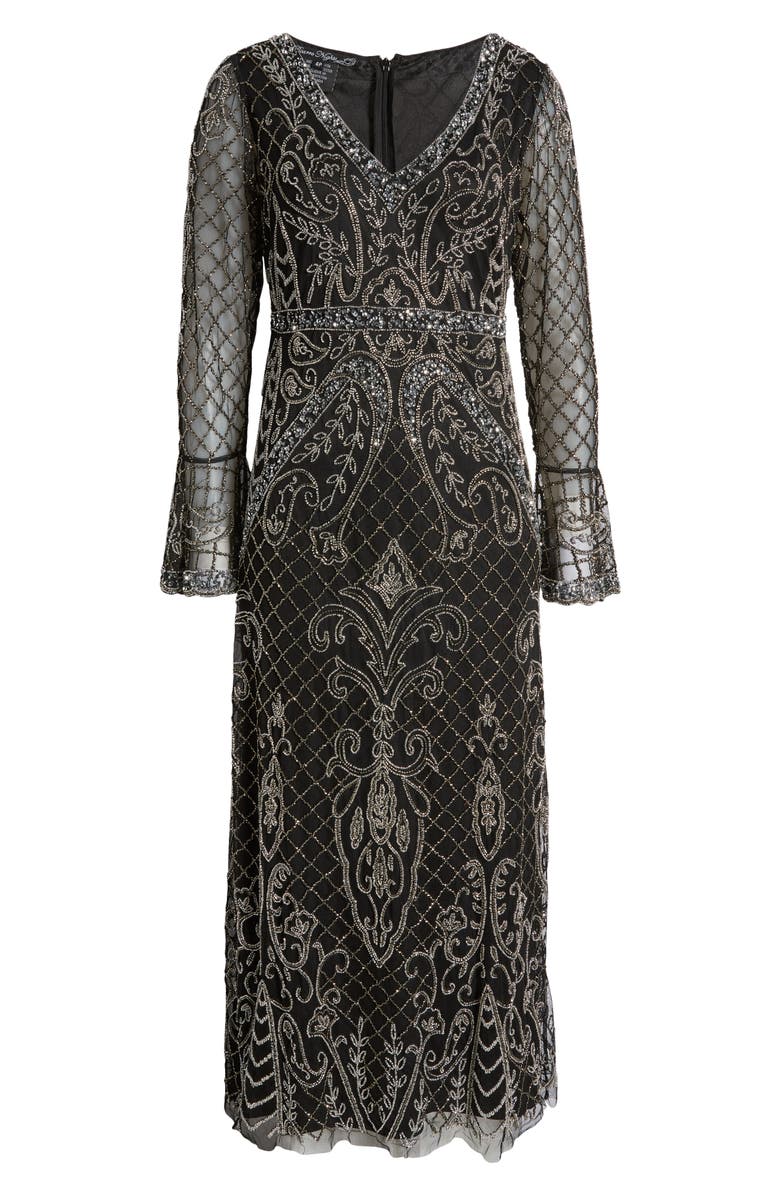 Pisarro Nights Beaded Long Sleeve Gown, Alternate, color, Black/ Silver 013