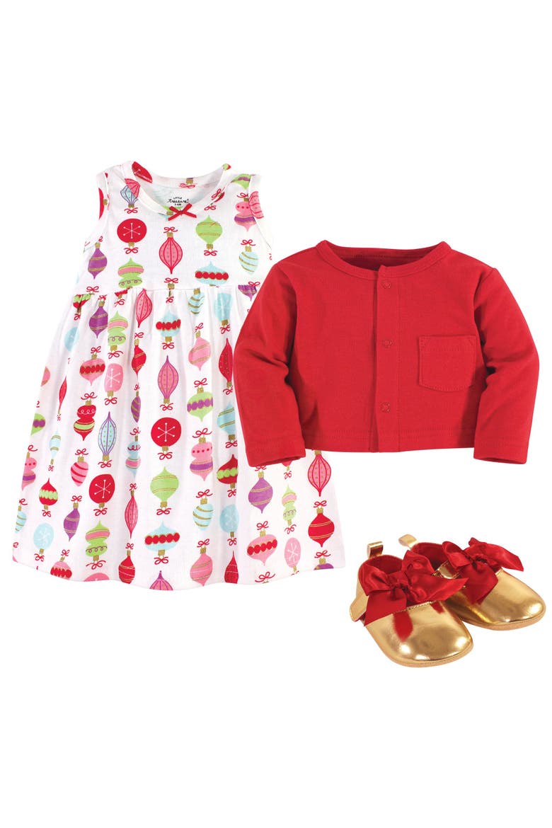 Cotton Dress, Cardigan & Shoe Set, Alternate, color, Glitzmas