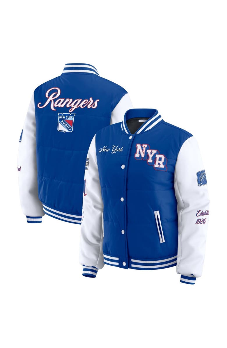 WEAR by Erin Andrews Women's WEAR by Erin Andrews Blue/White New York Rangers Varsity Full-Snap Puffer Jacket, Main, color, Blue