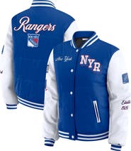 WEAR by Erin Andrews Women's WEAR by Erin Andrews Blue/White New York Rangers Varsity Full-Snap Puffer Jacket