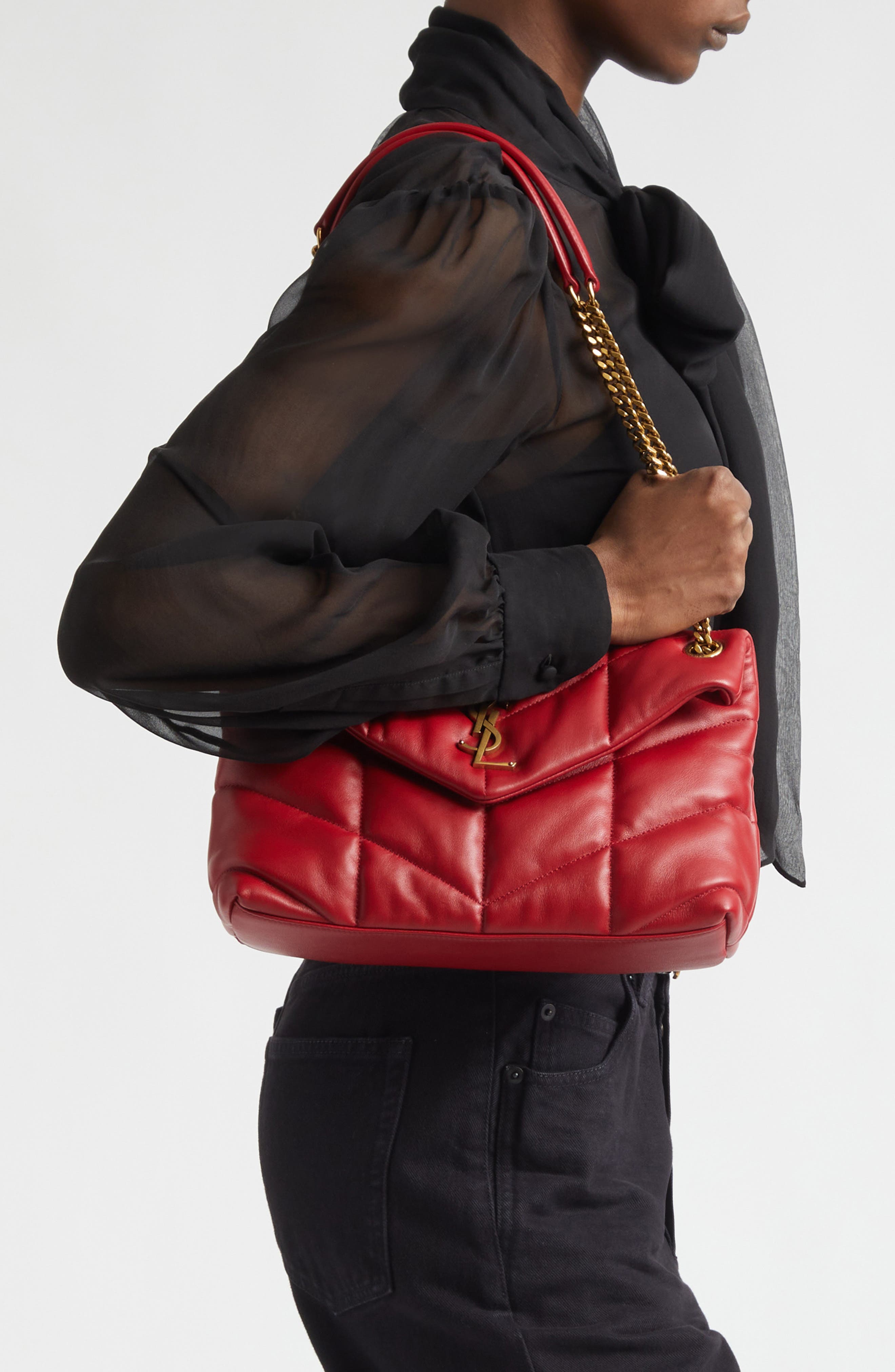 Saint Laurent Small Loulou Leather Puffer Bag, Alternate, color, New Red Danger