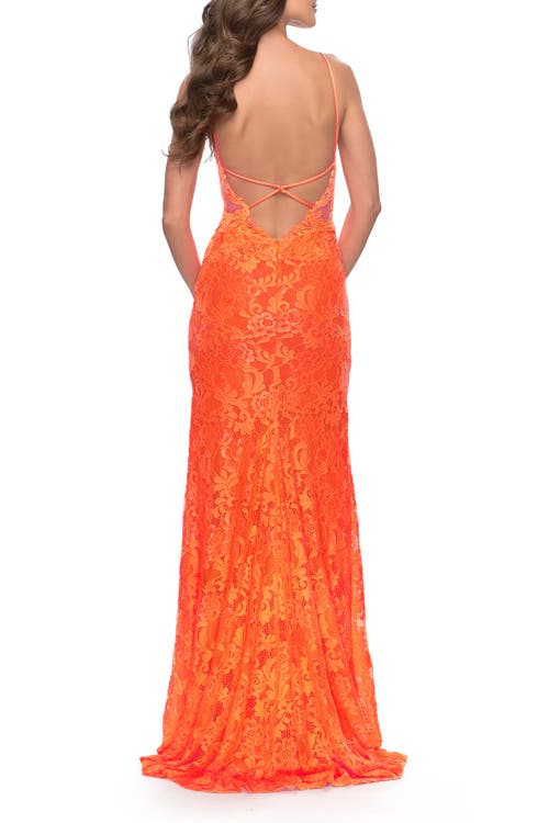La Femme Stretch Lace Prom Dress In Orange