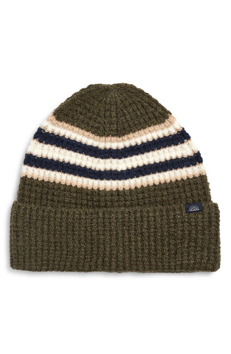 Faherty Jackson Stripe Organic Cotton Blend Beanie, Main, color, Olive Heather