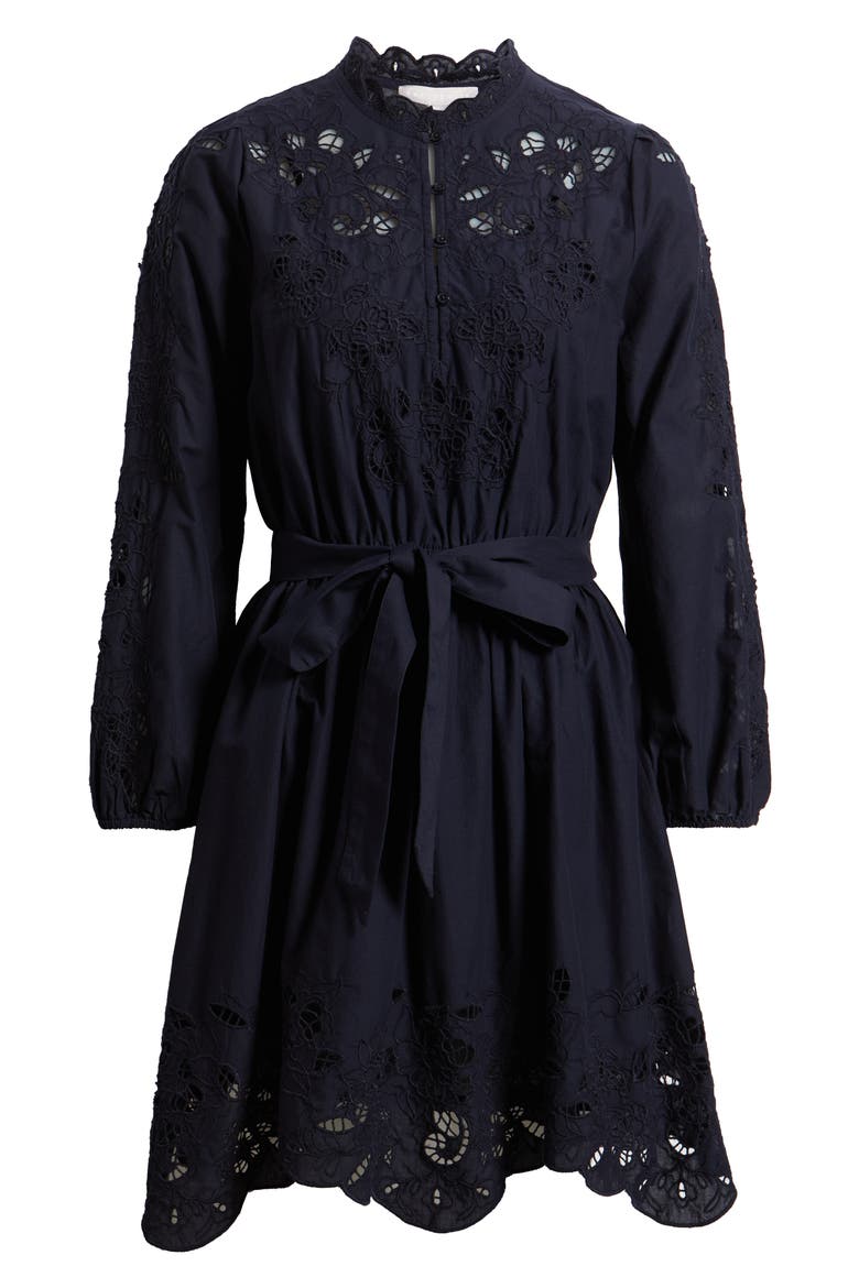 Embroidered Long Sleeve Tie Waist Minidress, Alternate, color, NAVY NIGHT