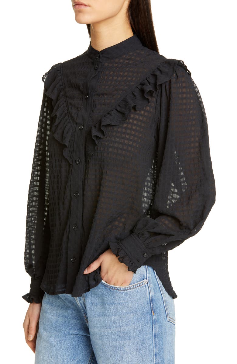 Ganni Ruffle Detail Seersucker Shirt, Alternate, color,