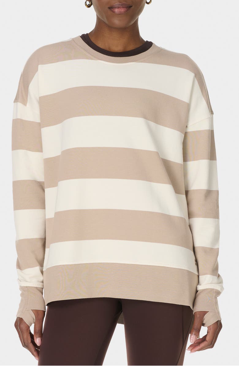 Sweaty Betty After Class Stripe Longline Sweatshirt, Main, color, White/ Dusk Beige Large Stripe