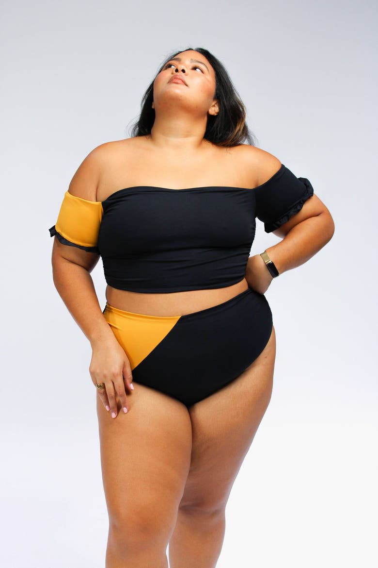 Cali Super High Waisted Bikini Bottom, Main, color, Black and Mustard Yellow