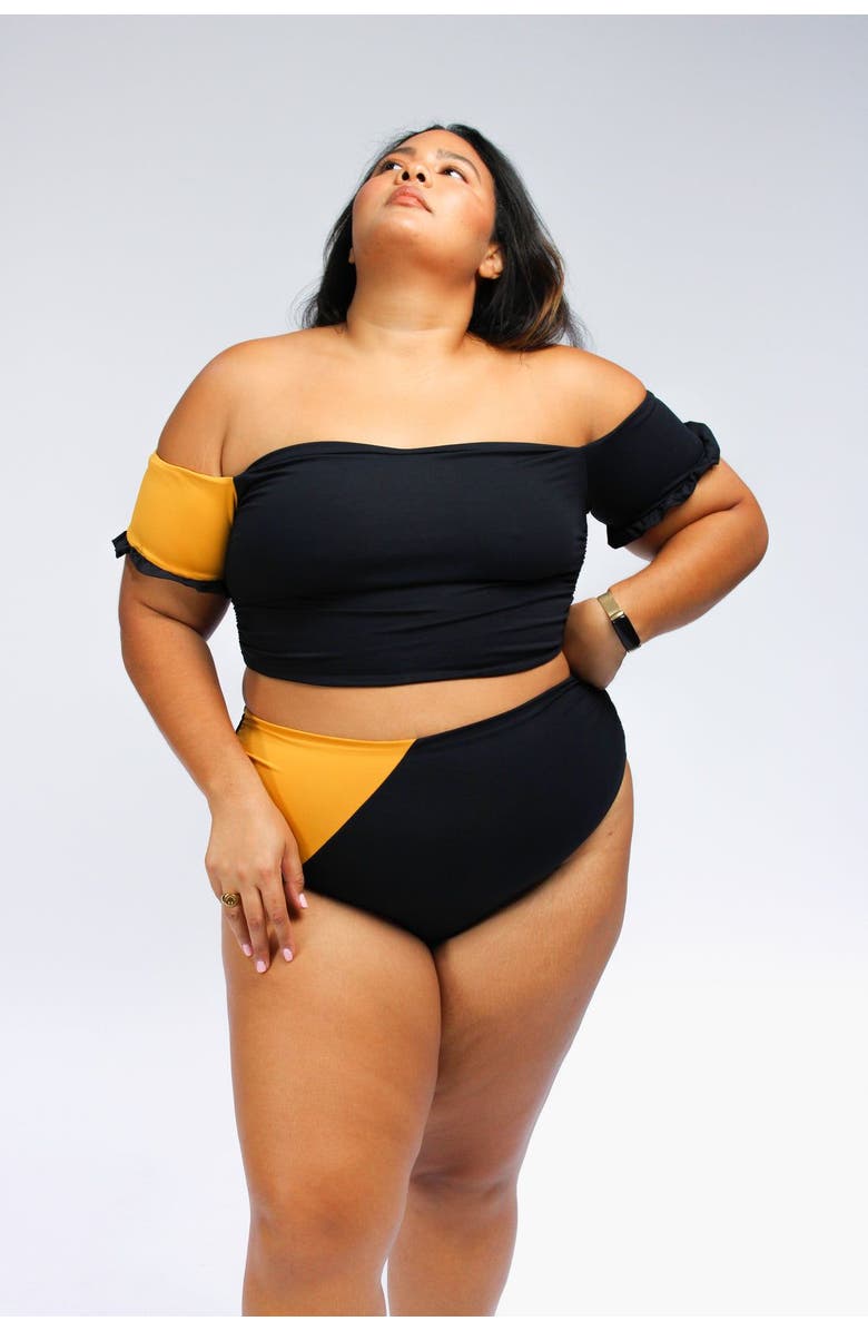 Mary Mercedes Cali Super High Waisted Bikini Bottom, Main, color, Black And Mustard Yellow