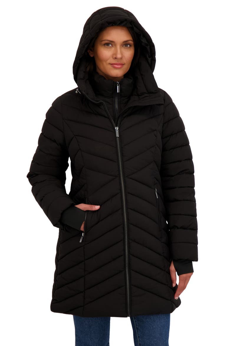 Water Resistant Stretch Chevron Quilted Jacket with Bib, Alternate, color, BLACK