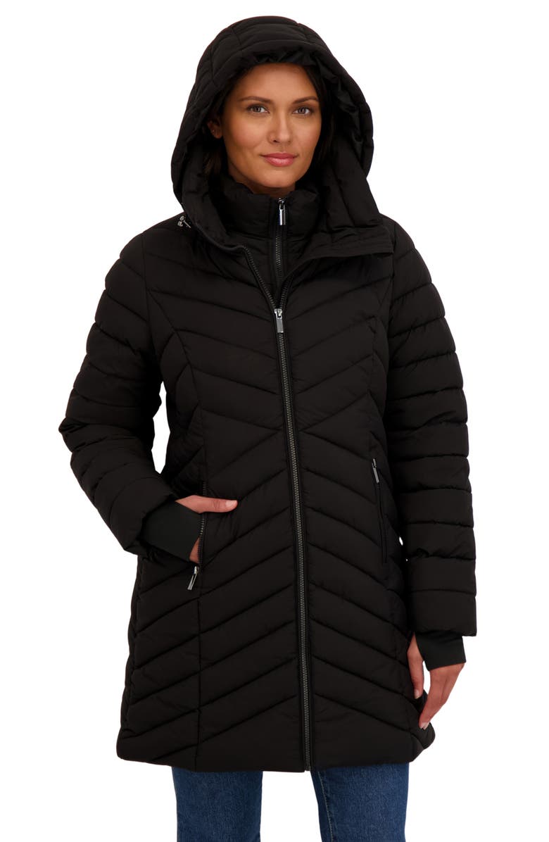 Sebby Water Resistant Stretch Chevron Quilted Jacket with Bib, Alternate, color, Black
