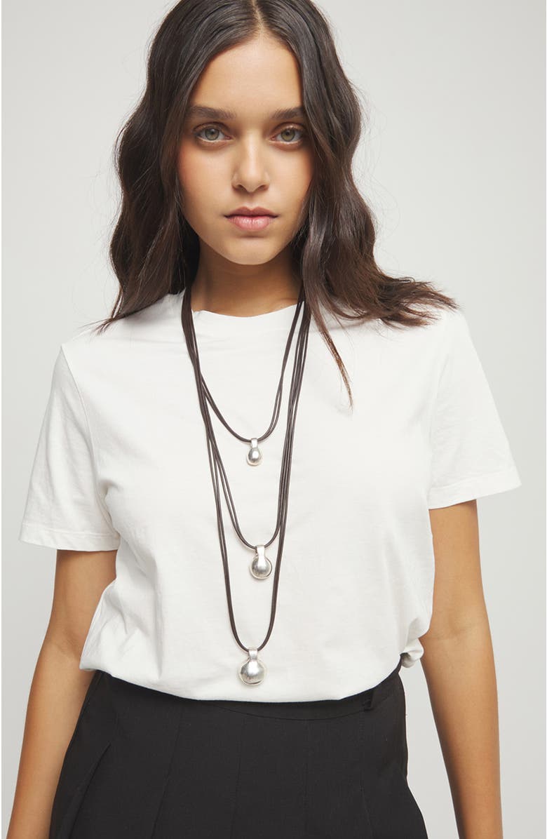 UNODE50 Triple leather necklace with three sterling silver-plated dials, Alternate, color, Silver