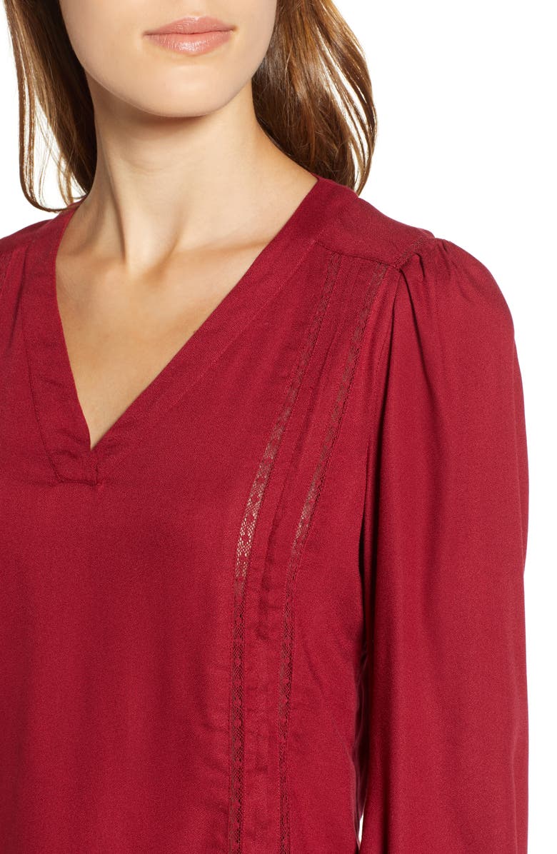 Hinge Lace Stripe V-Neck Blouse, Alternate, color, Red Rumba