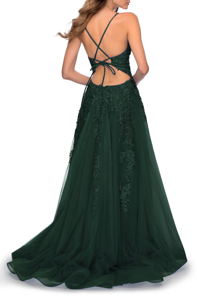 La Femme Tulle Prom Dress with Floral Detail and Side Slit, Alternate, color, Dark Emerald