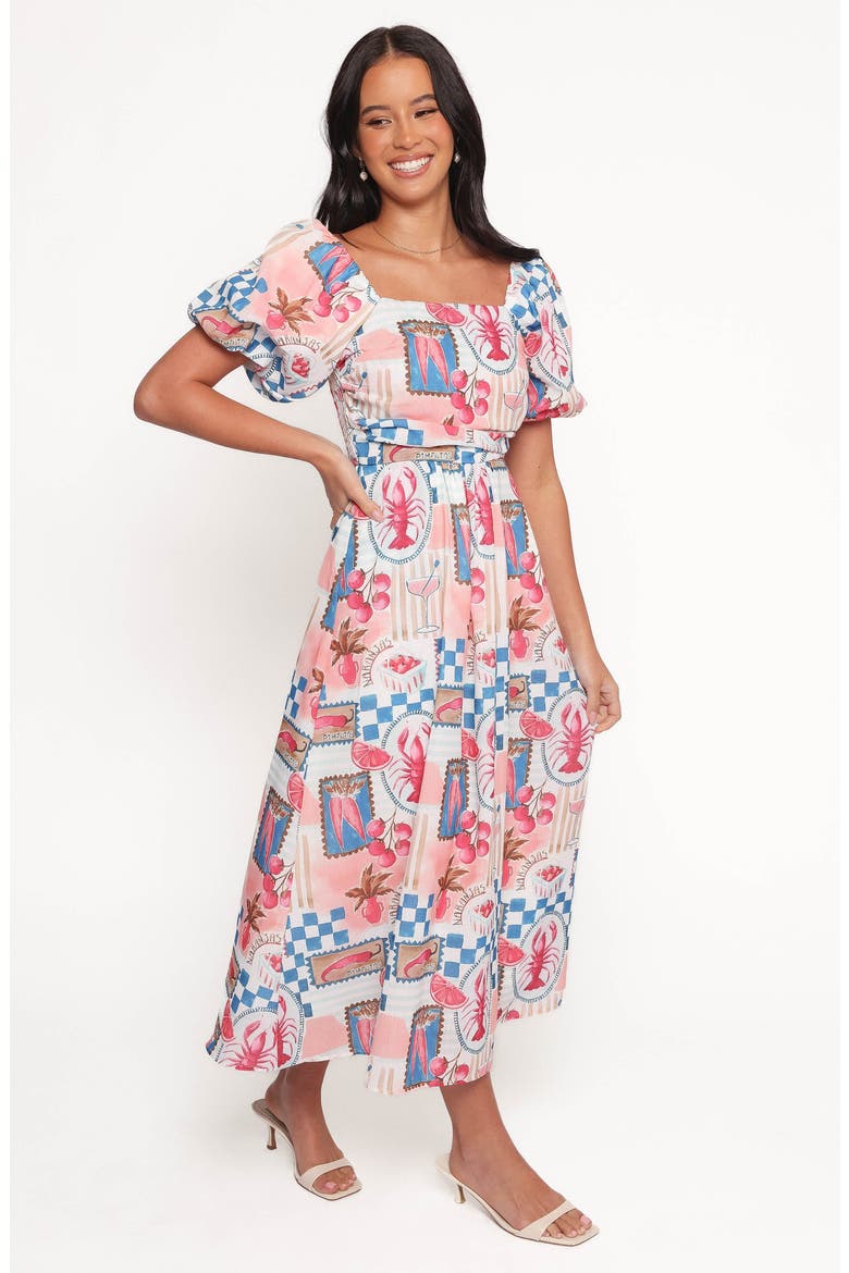 Cleo Puff Sleeve Cotton Midi Dress, Alternate, color, PINK BLUE