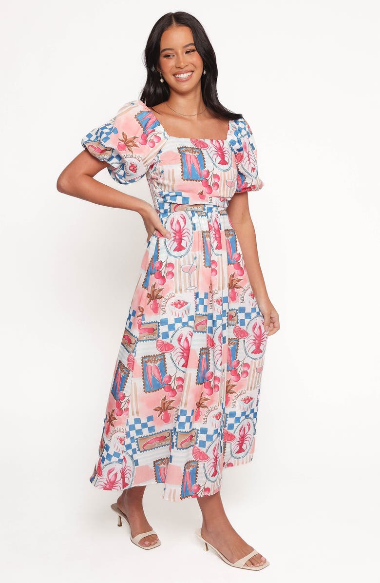 Petal & Pup Cleo Puff Sleeve Cotton Midi Dress, Alternate, color, Pink Blue