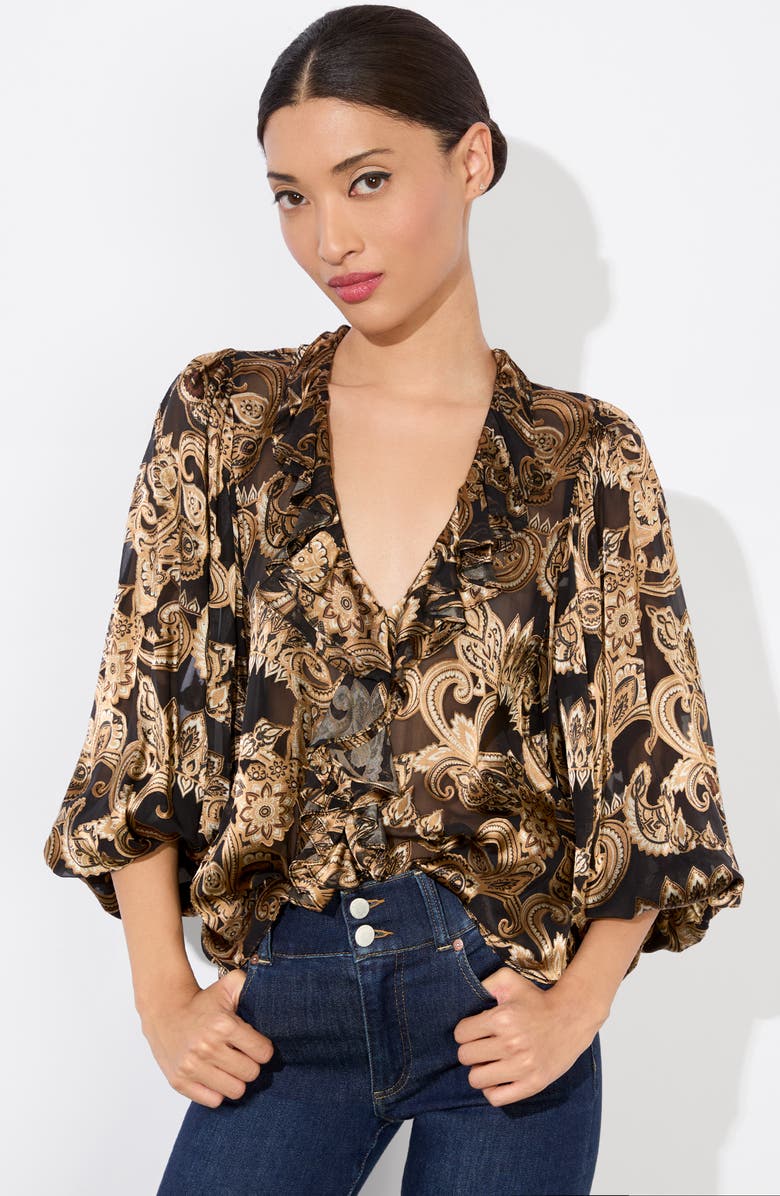 Alice + Olivia Betsie Print Ruffle Top, Alternate, color, Spring Paisley Black
