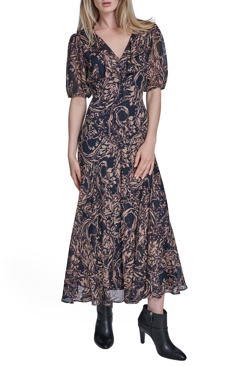 BCBG Abstract Floral Metallic Thread Open Back Dress, Main, color, 