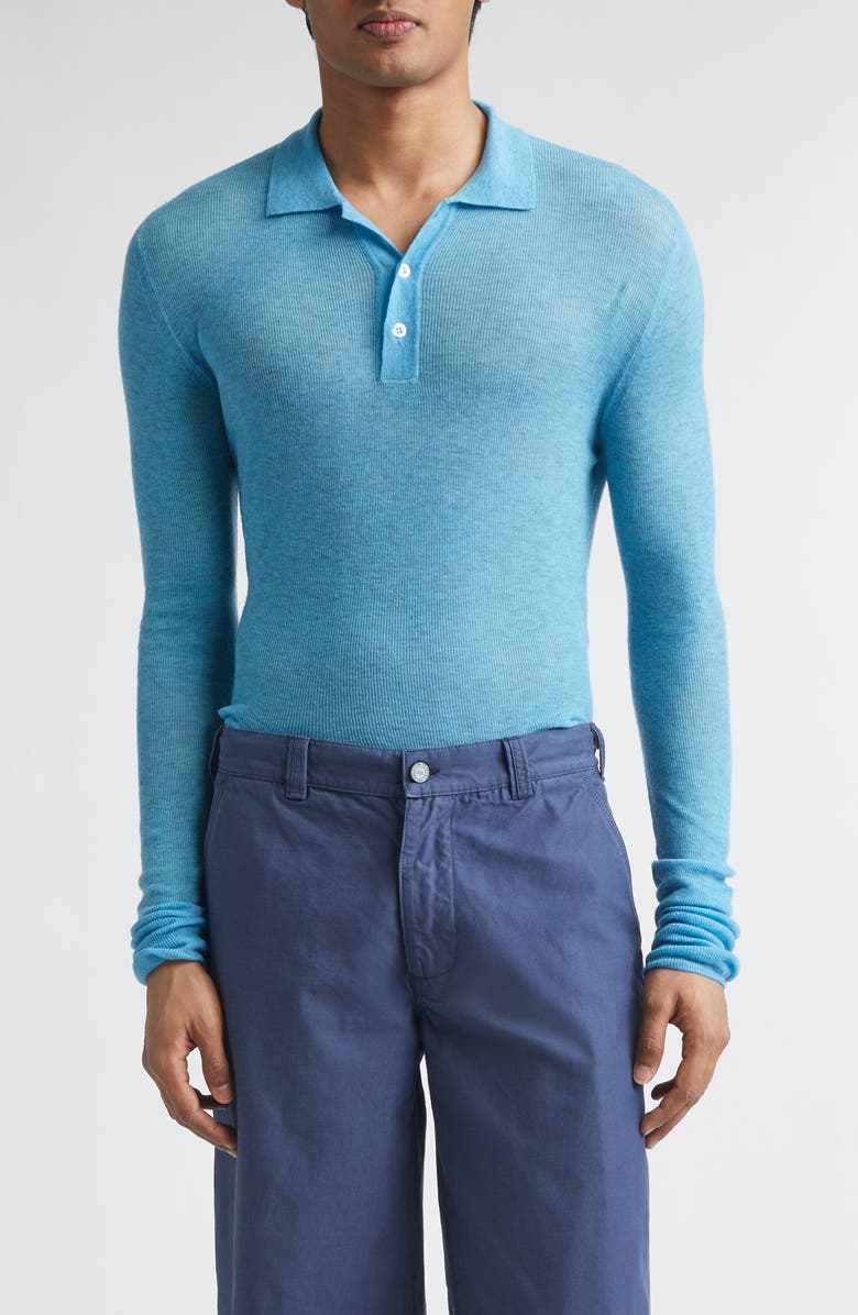 ERL Gender Inclusive Overdyed Heathered Wool Rib Polo, Main, color, Light Blue