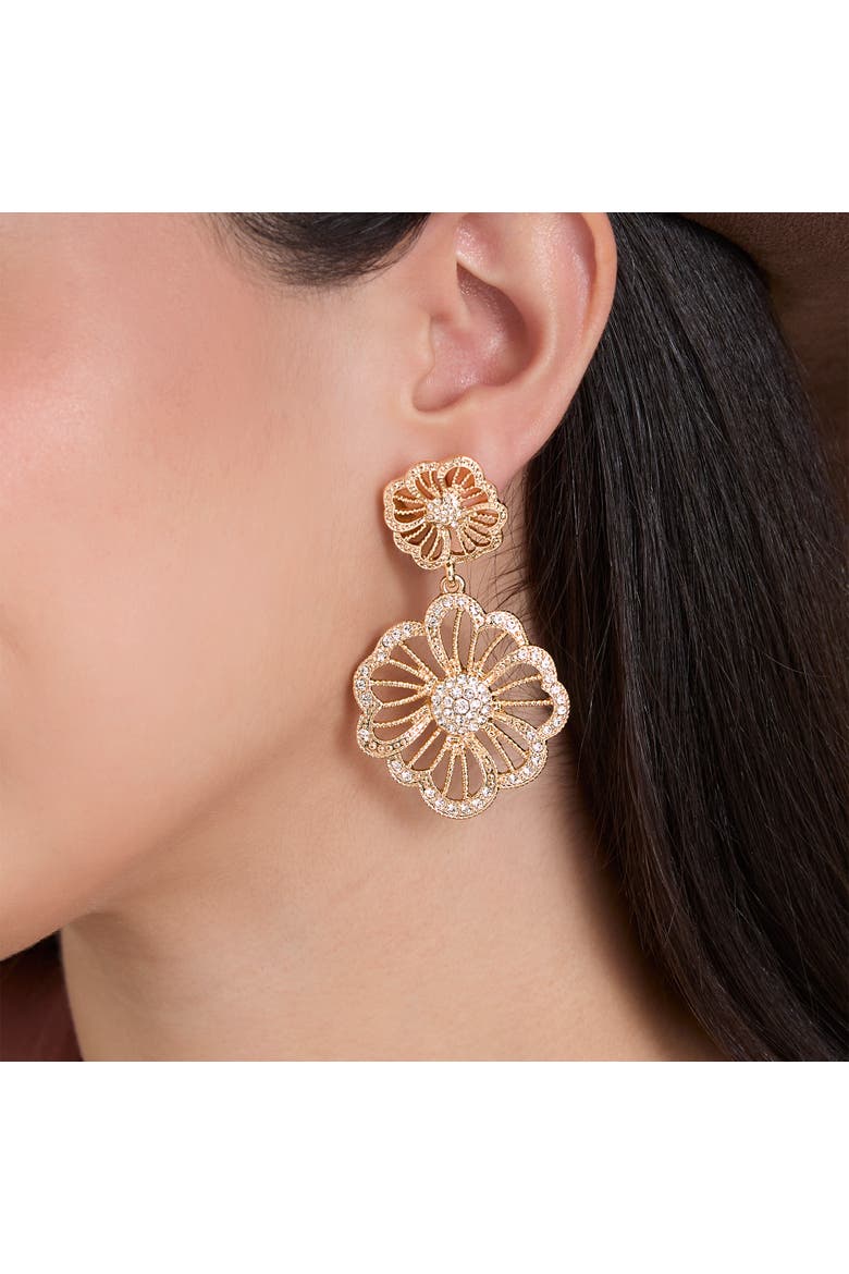 Clear Pave Crystal Flower Dangle Earrings, Alternate, color, Gold