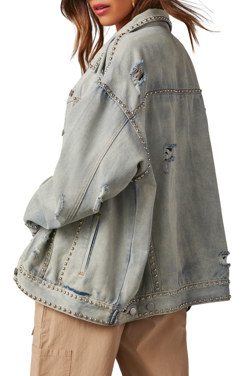 VICI Collection Kind of a Big Deal Stud Detail Distressed Denim Trucker Jacket, Alternate, color, 