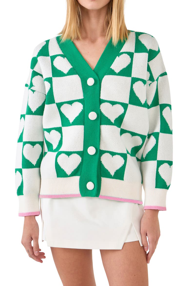 Heart Jacquard Cotton Cardigan, Alternate, color, WHITE/ GREEN