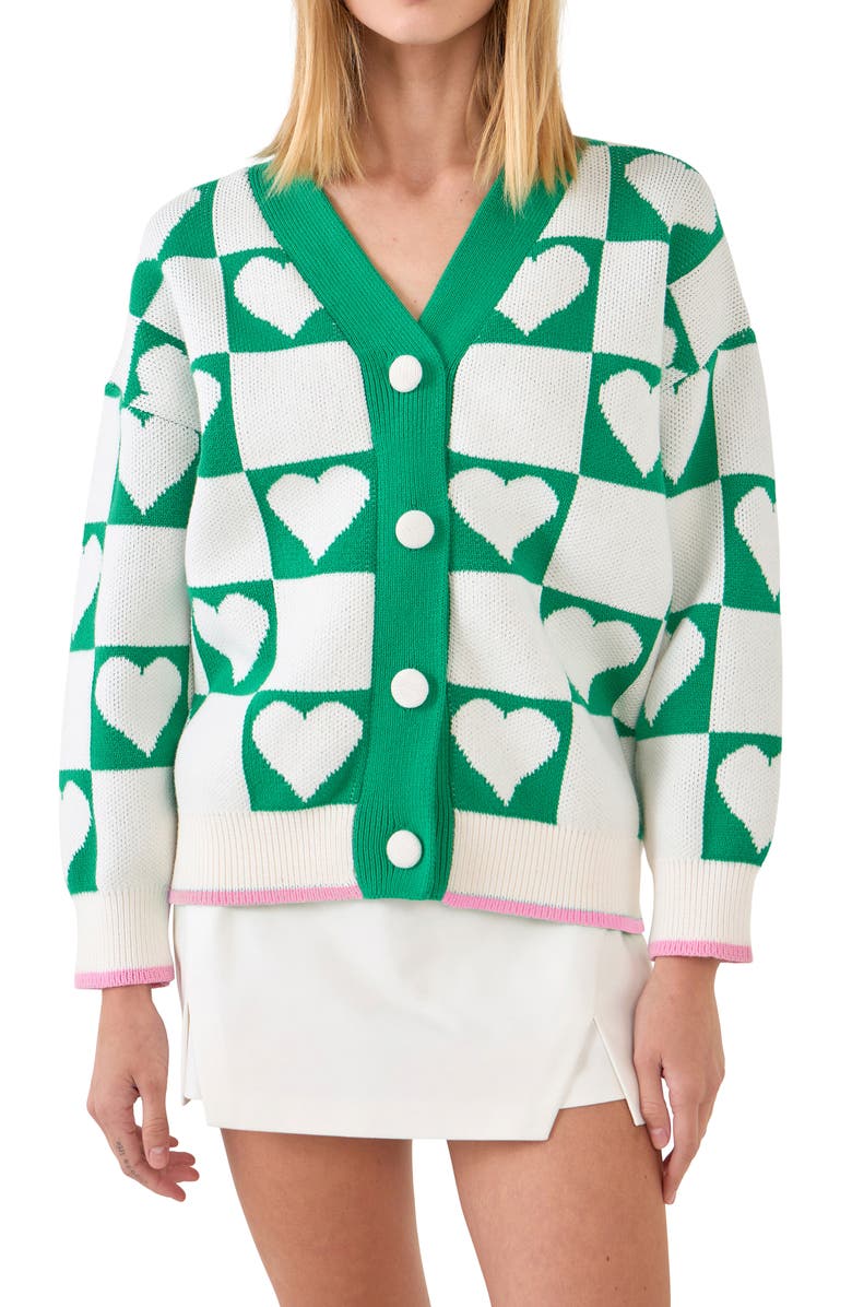 English Factory Heart Jacquard Cotton Cardigan, Alternate, color,