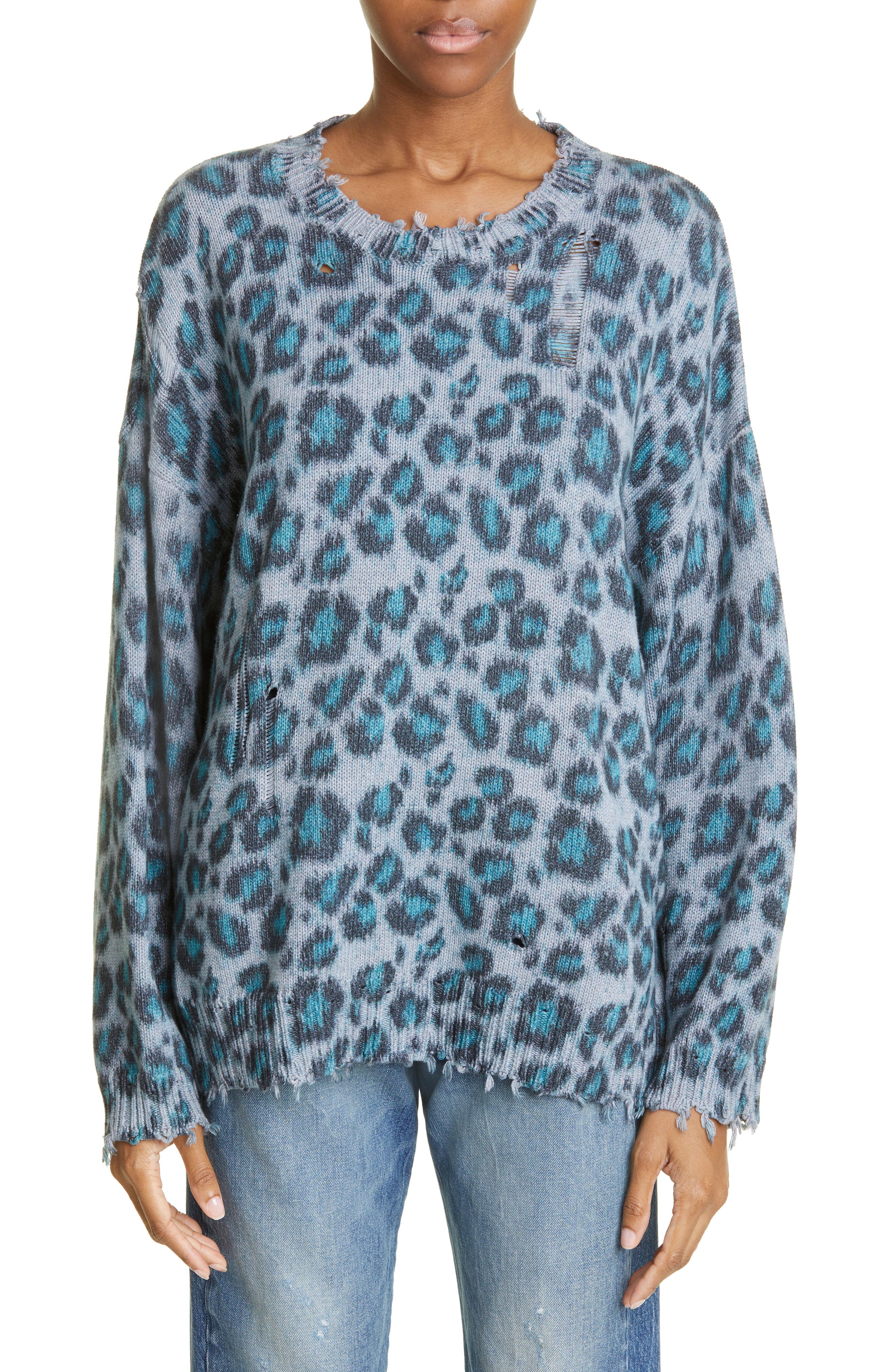 R13 Distressed Leopard Oversize Cotton Sweater