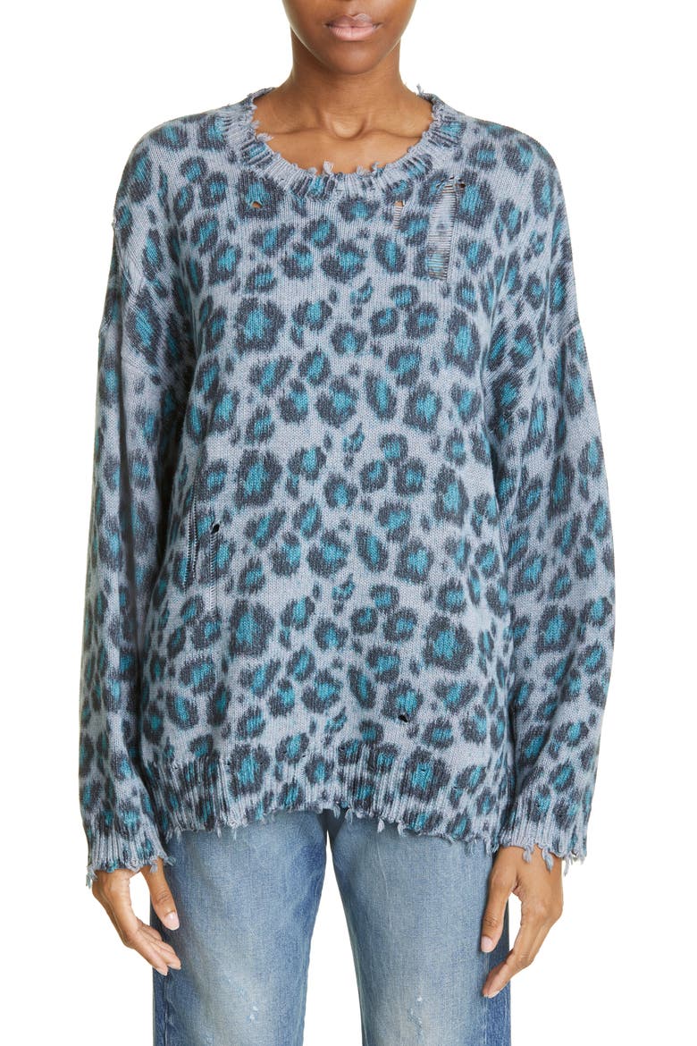 Distressed Leopard Oversize Cotton Sweater, Main, color, BLUE LEOPARD