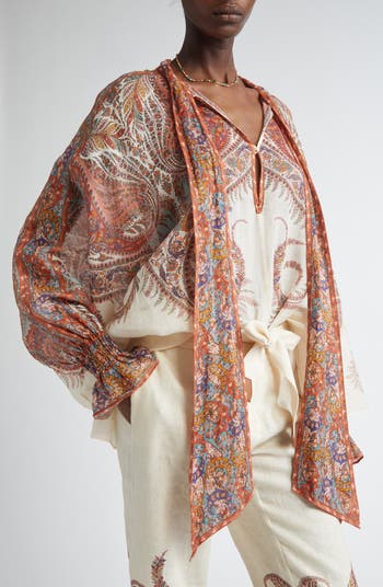 Tシャツ・カットソー Zimmermann FW25 Rhiannon Tie Neck Blouse (3236TSS251 CMP) Zimmermann Rhiannon Tie Neck Blouse – Cettire