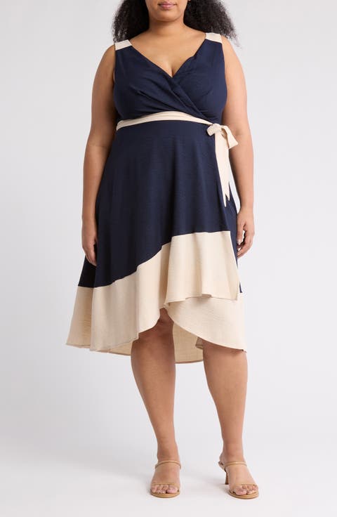 Colorblock Sleeveless Faux Wrap Dress
