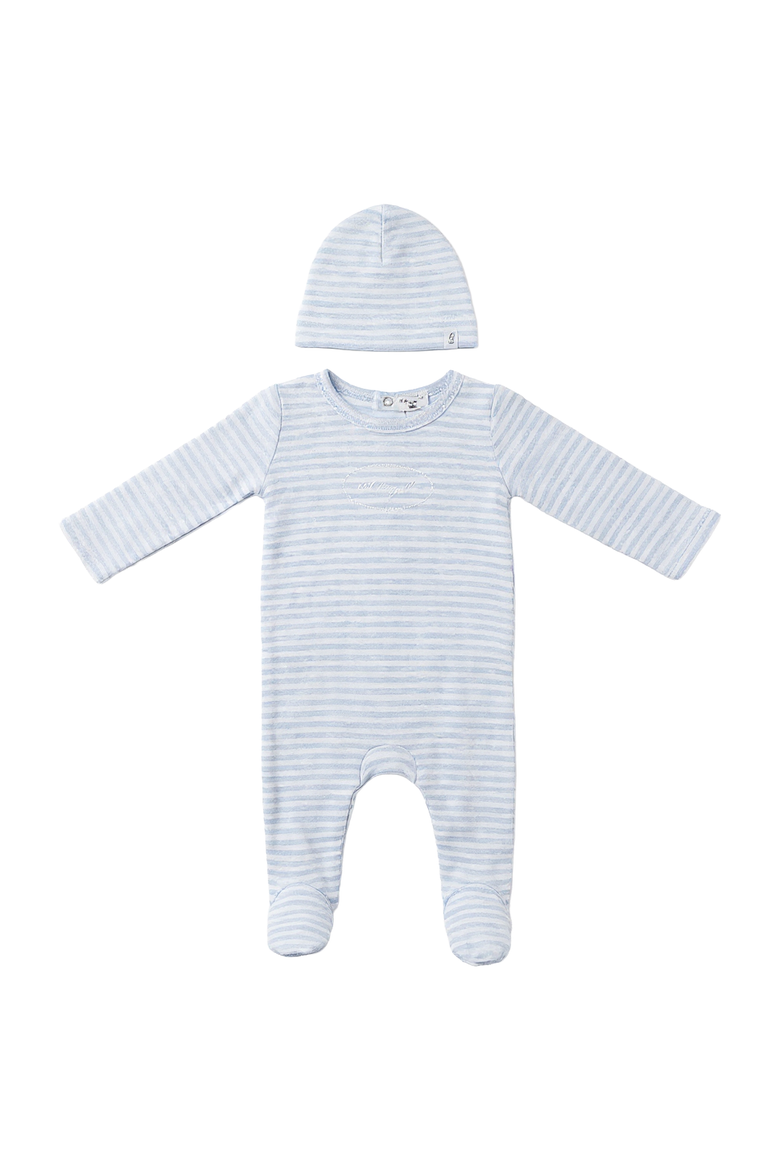 Boy Stripe Pointelle Long Sleeve Embroidered Romper and Hat Set, Main, color, Blue