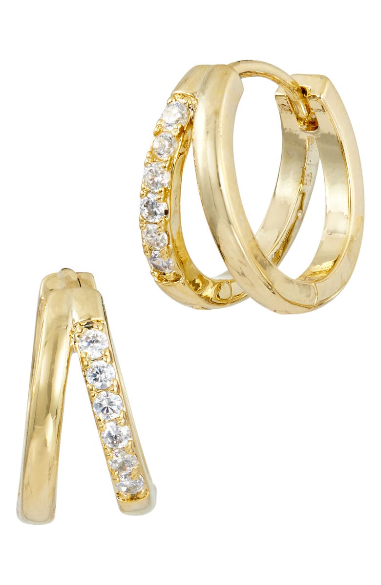SAVVY CIE JEWELS 14K Gold Plated Cubic Zirconia Double Huggie Hoop Earrings, Main, color, Yellow