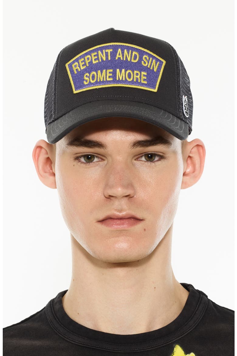 Repent & Sin Mesh Back Trucker Hat, Main, color, FORGED IRON