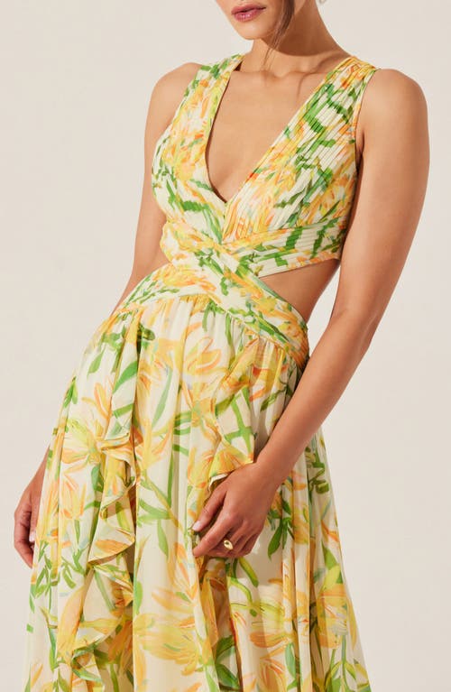 ASTR ASTR THE LABEL NOYA FLORAL PLEATED CUTOUT MAXI DRESS 