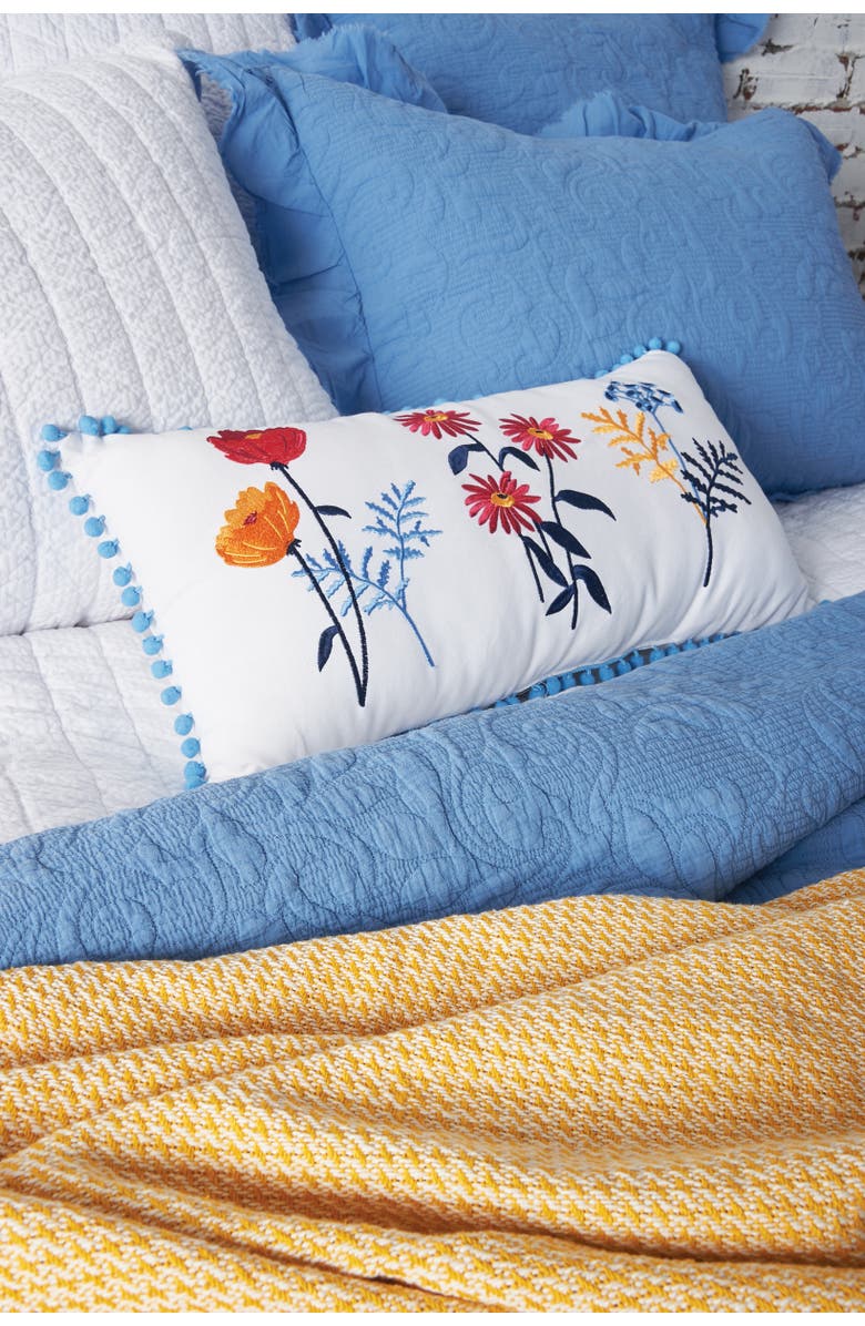 carol & frank Lola Boho Embroidered Floral Cotton Decor Throw Pillow, 12" x 24" with Pom Pom Edges, Alternate, color, Blue