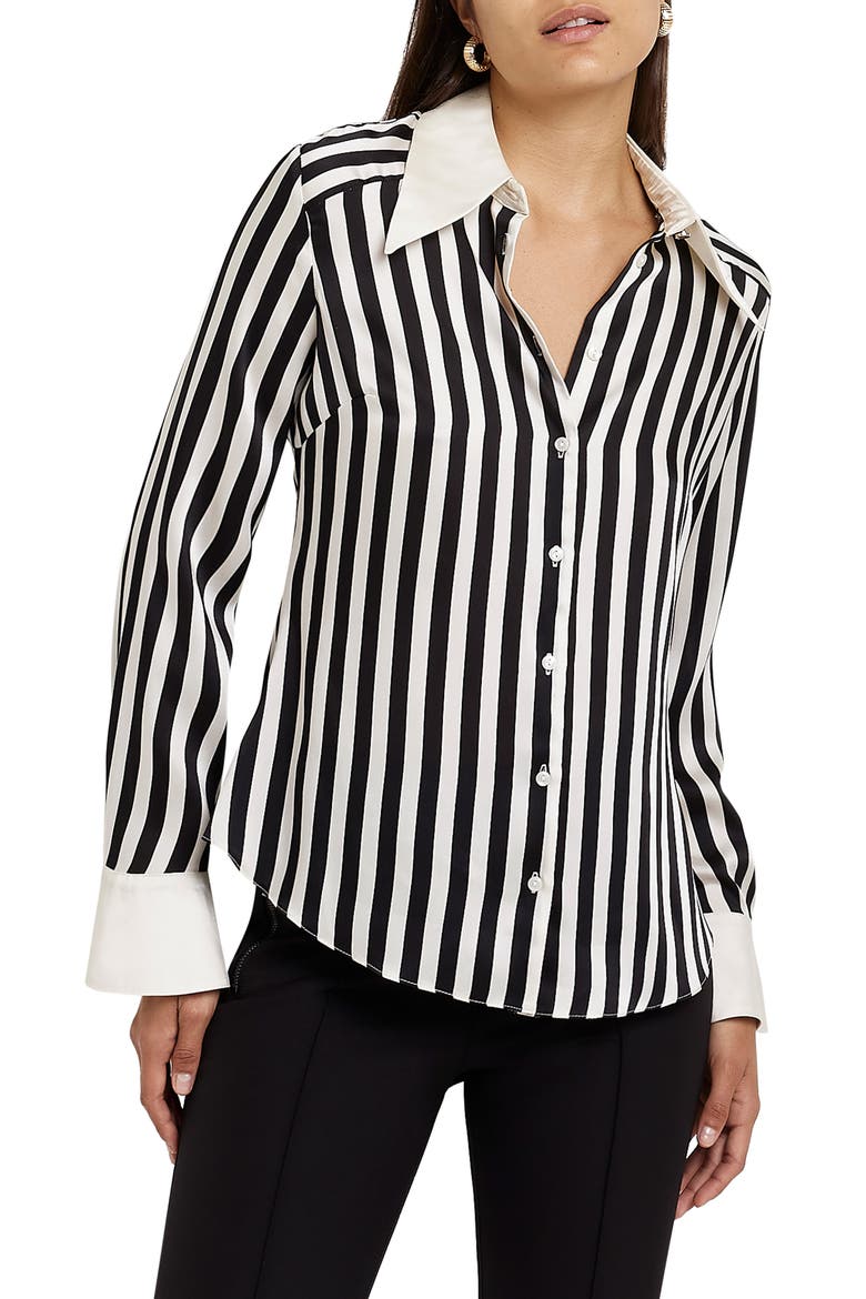 Stripe Satin Button-Up Blouse, Main, color, BLACK