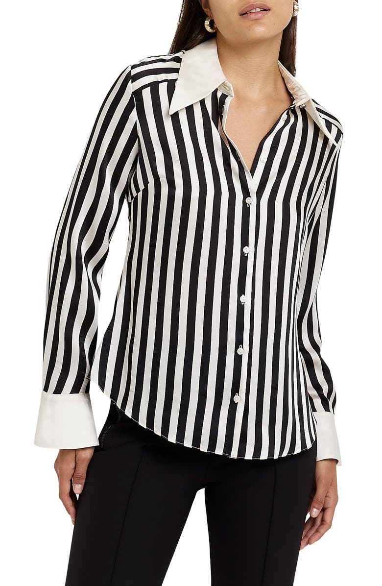 River Island Stripe Satin Button-Up Blouse, Main, color, 