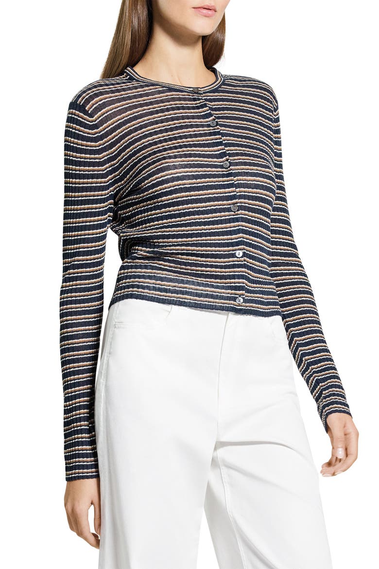 Stripe Crop Linen Blend Cardigan, Alternate, color, NOCTURNE BLUE MULTI