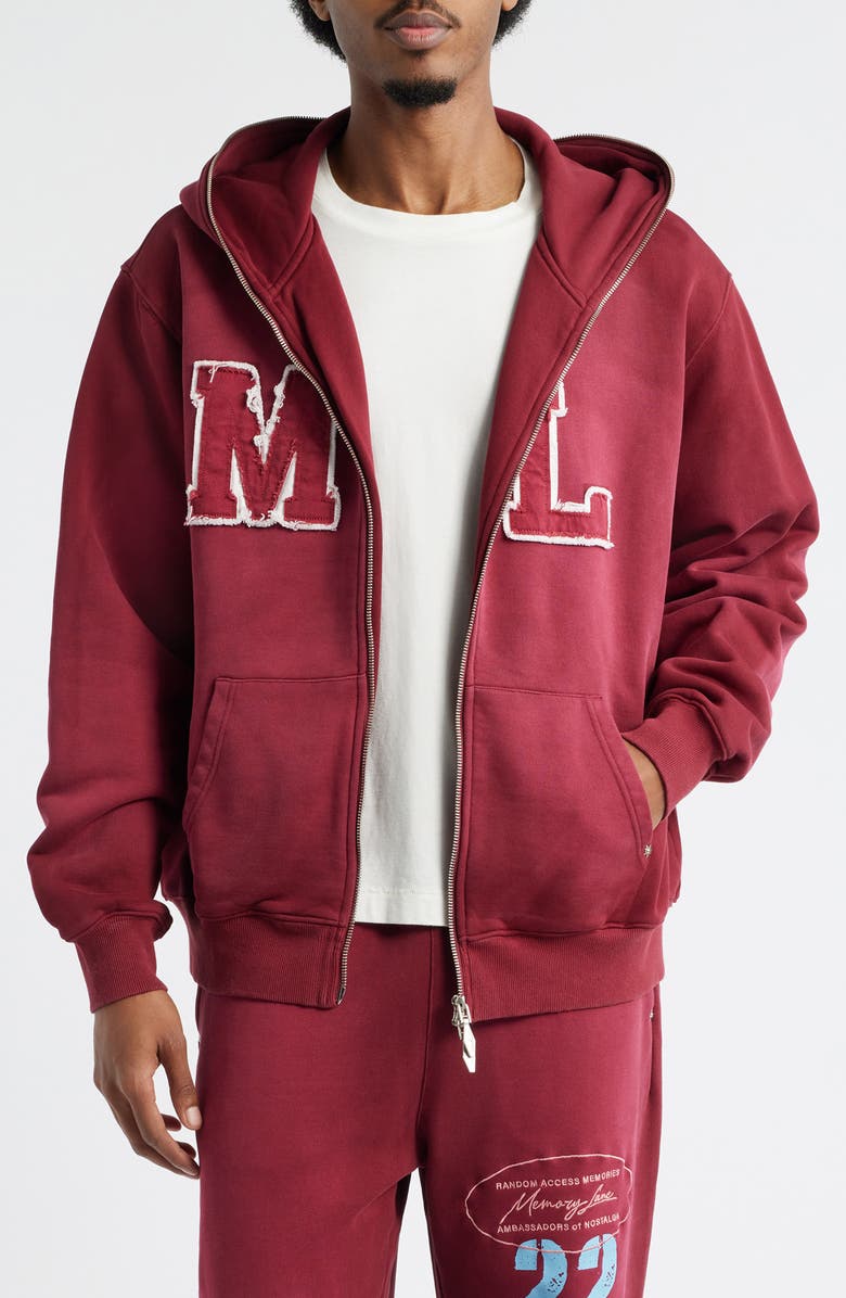 MEMORY LANE Oversize Initial Appliqué Zip Hoodie, Main, color, Burgundy