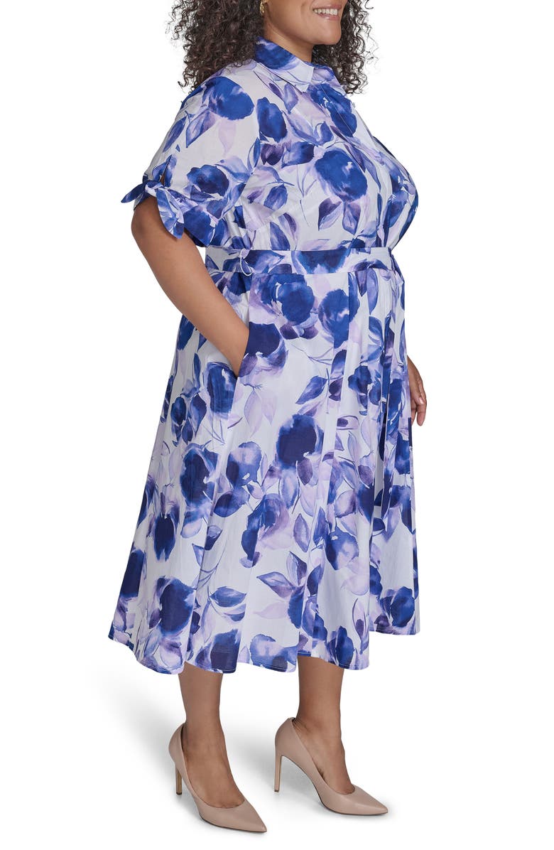 Calvin Klein Floral Tie Short Sleeve Cotton Shirtdress, Alternate, color, Opal Multi